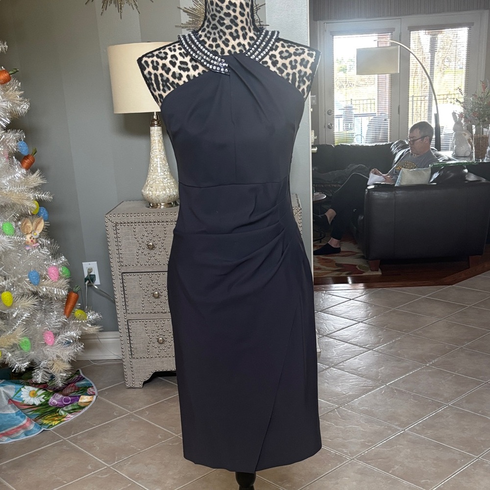Elegant Charcoal Gray Beaded Halter Sheath Dress